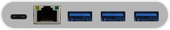 Face avant du hub Macally avec port USB-C, prise RJ45 et 3 ports USB-A
