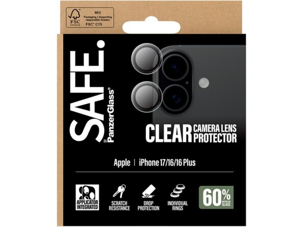 Protection pour caméra PanzerGlass SAFE pour iPhone 16, 16 Plus et 17 dans un emballage cartonné