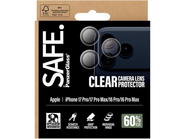 Protection pour caméra PanzerGlass SAFE pour iPhone 16/17 Pro et 16/17 Pro Max dans un emballage cartonné