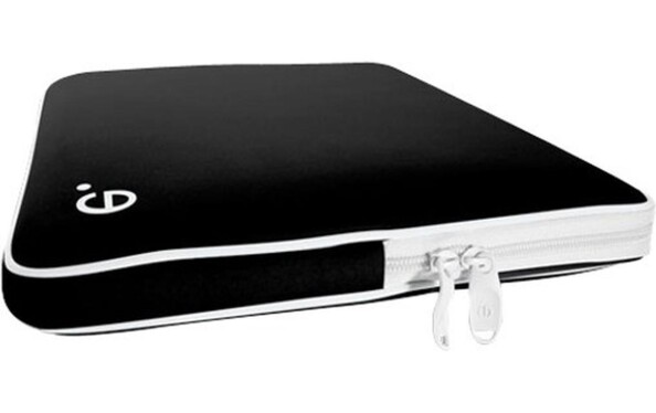 Etui de protection textile pour notebook 13" beez coloris et noir et blanc posé à plat côté droit orienté vers nous avec vue sur la double fermeture à glissière