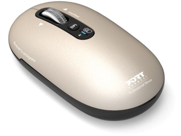 Vue du dessus de biais côté gauche de la souris bluetooth rechargeable Port Designs couleur beige design ambidextre