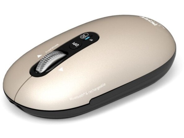 Vue du dessus de biais côté gauche vers l'avant avec vue plongeante sur la molette de défilement, les clics gauche et droit et le bouton de réglage de DPI