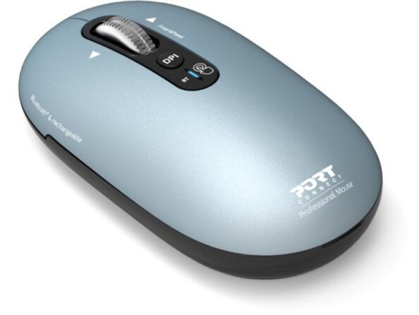 Vue du dessus de biais côté gauche de la souris bluetooth rechargeable Port Designs couleur bleu design ambidextre