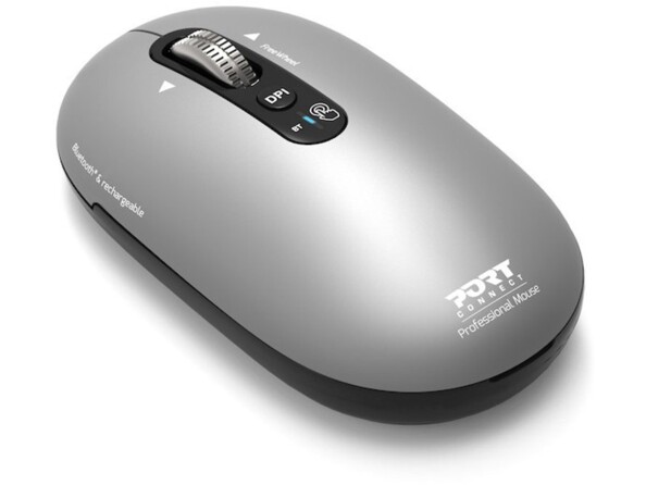 Vue du dessus de biais côté gauche de la souris bluetooth rechargeable Port Designs couleur gris minéral design ambidextre