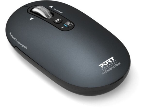 Vue du dessus de biais côté gauche de la souris bluetooth rechargeable Port Designs couleur grise design ambidextre