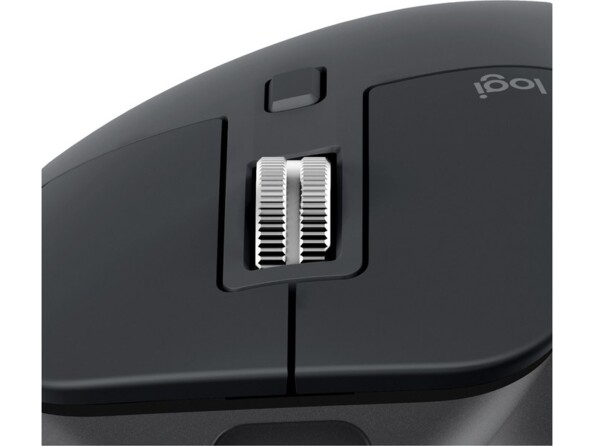 Gros plan sur la molette de défilement crantée, le bouton de réglage des DPI et sur les clics gauche et droit de la souris Logitech coloris noir
