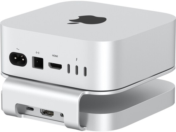 Vue arrière du support et hub 2 en 1 MacWay pour Mac Mini M4 avec 2 ports USB-C et port HDMI