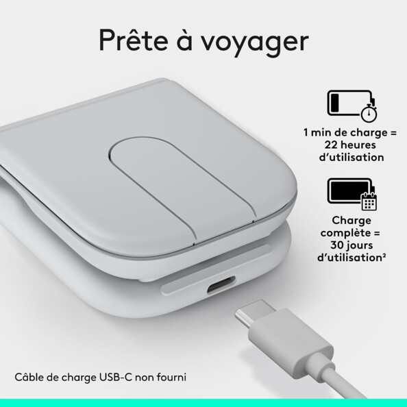 Souris grise USB-C, câble blanc, titre Prête à voyager, autonomie 22h/1min et charge complète 30j