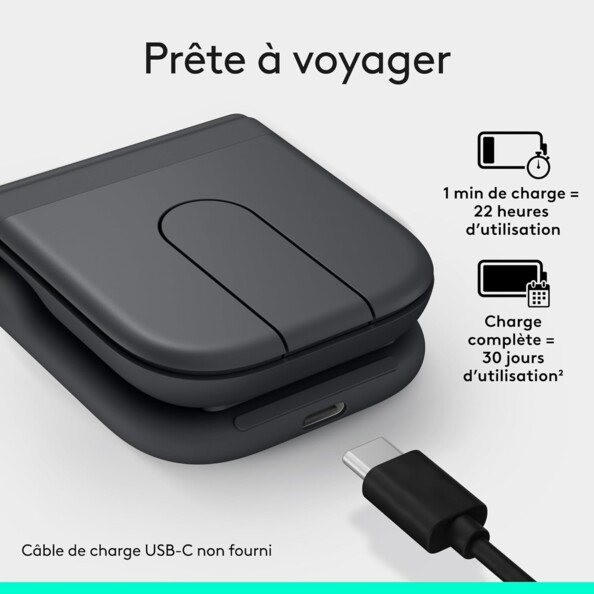 Souris Logitech Mobi Fold pliee en mode voyage avec port USB-C, infos batterie sur fond clair
