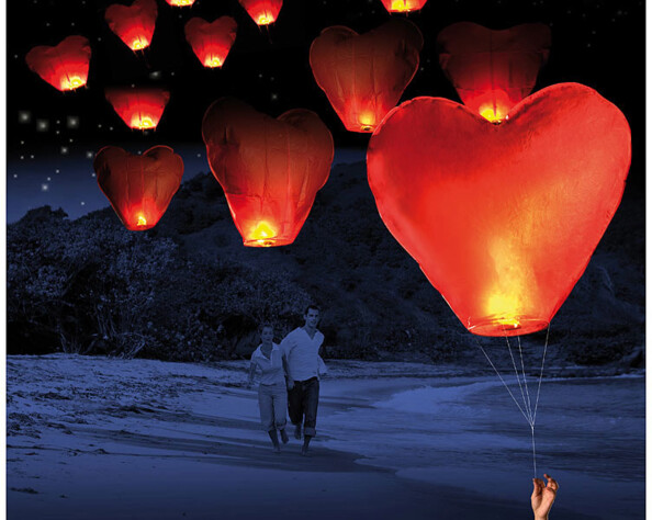 10 Lanternes volantes porte-bonheur en forme de coeur