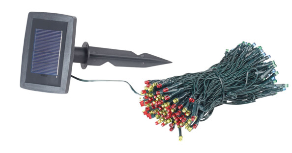 guirlande lumineuse etanche 20 m 200 led 4 couleurs avec chargeur solaire et detecteur d'obscurité lunartec