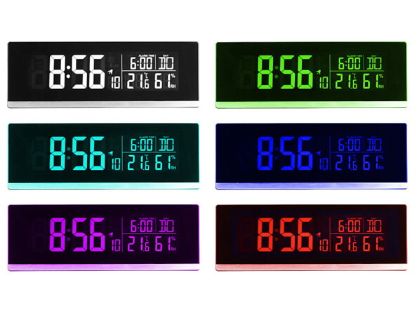 horloge digital grand affichage avec selection couleur d'affichage blanc vert turquoise bleu violet rouge nc3986 infactory