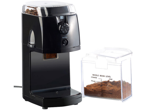 Moulin à café électrique avec son bac contenant du café moulu