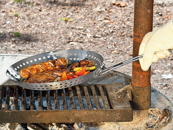 Poêle pour grillades en acier inox avec poignée repliable