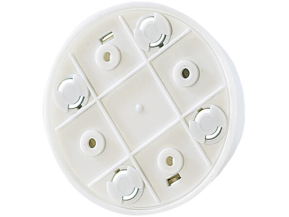 Arrière de la balise avec 4 trous pour vis et 4 aimants pour fixation aimantée aux surfaces murales et magnétiques