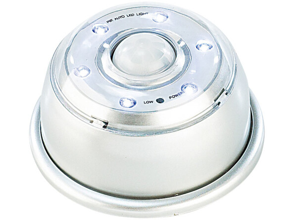 Balise LED ronde coloris gris avec capteur PIR entouré de 6 LED blanc brillant