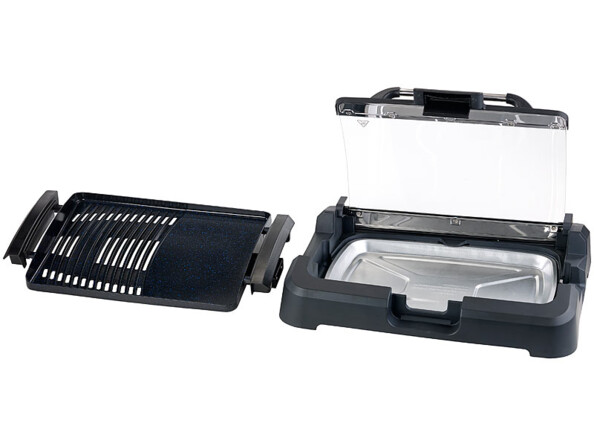 Barbecue électrique de table 2200 W Rosenstein & Söhne. Nettoyage facile : gril, couvercle en verre et bac collecteur de graisse sont amovibles