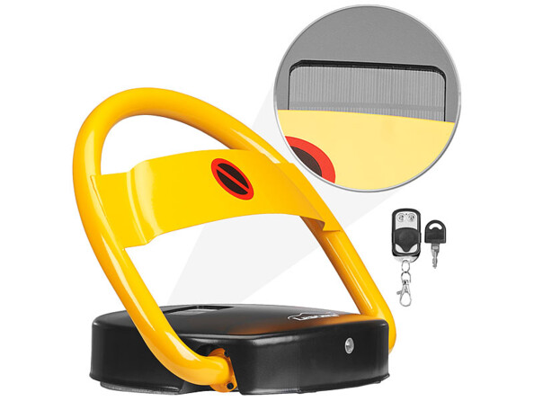 Barrière de parking solaire avec 2 télécommandes radio, chargeur secteur, matériel de montage, 2 clés et mode d'emploi en français