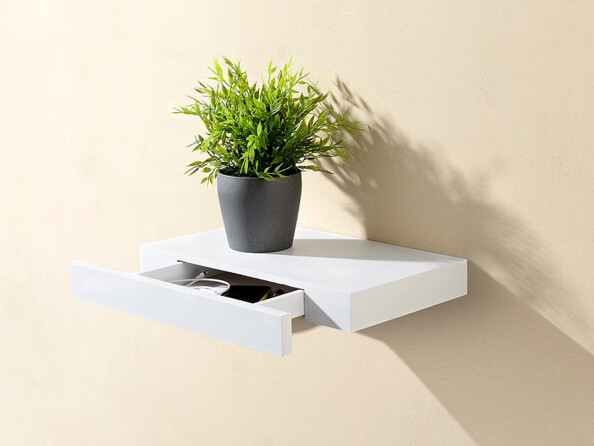 petite etagère murale blanche pour plante avec tiroir intégré ouvert