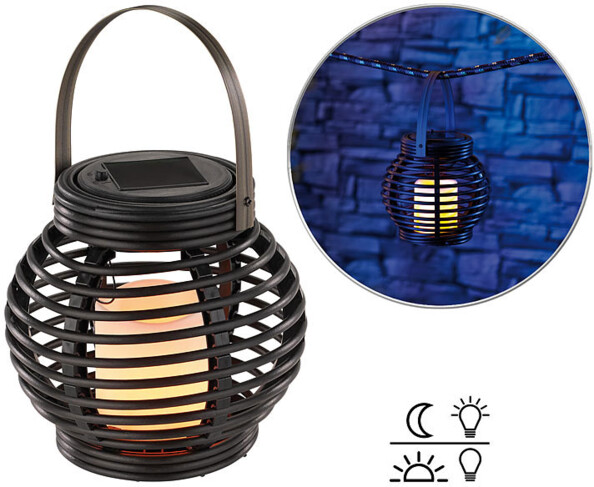 Lanterne solaire en poly rotin à LED vacillante, avec détecteur d'obscurité