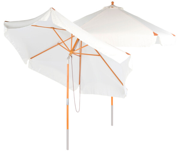 Pack de 2 parasols avec structure en bois, élément décoratif pour pointe du parasol et mode d'emploi en français