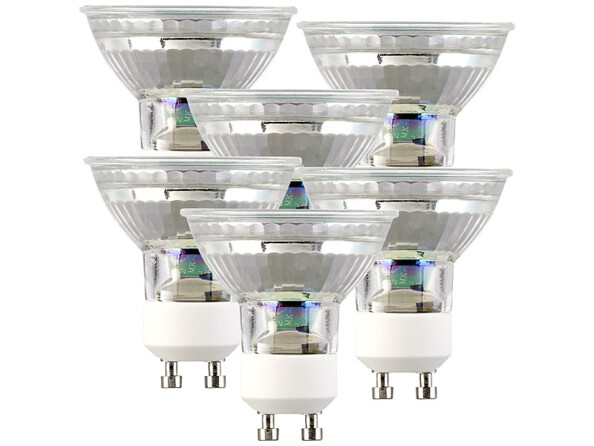 Lot de 6 spots LED GU10 avec une capacité de 3 W et une luminosité de 120 lumens.