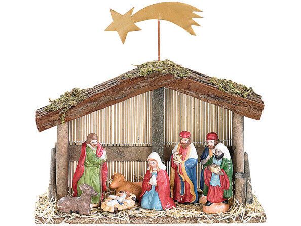 Crèche de Noël faite à la main, en bois, mousse, bambou et paille