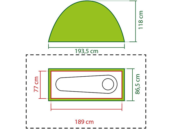 Dimenesions couchage et tente surélevée avec lit de camp,