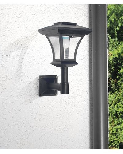 Lanterne solaire noire murale avec ampoule visible sur mur blanc, tuyau et buissons verts à droite