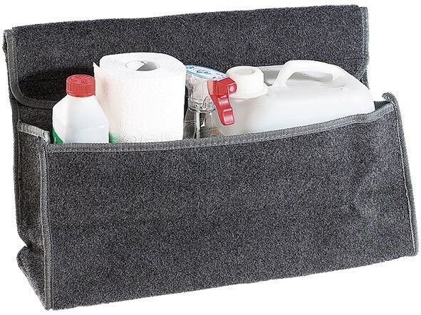 Organiseur de coffre gris avec bouteille rouge rouleau papier et jerrycan transparent