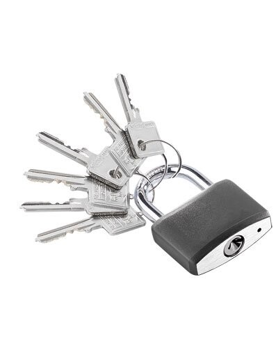 Cadenas diagonal ouvert accroché à un porte-clés avec ses deux clés