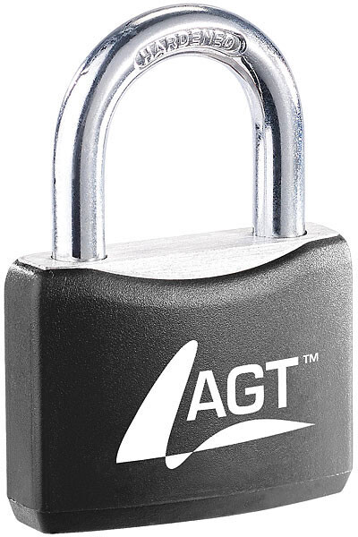 Cadenas AGT au corps noir mat et anse chromée gravée ouverte