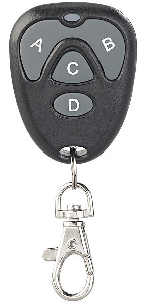 Émetteur radio noir avec pile A27, mousqueton et 4 touches grises marquées de 4 lettres (A, B, C et D)