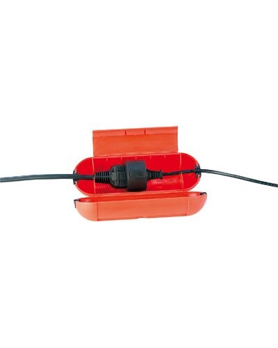 Boîtier étanche orange ouvert montrant un raccord électrique noir et des câbles à l'intérieur