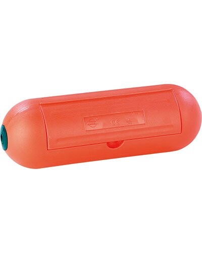 Boîtier étanche orange fermé avec capot coulissant et encoche de préhension, capot bleu canard à l'extrémité