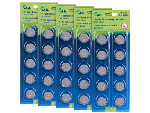 5 packs de 10 piles bouton CR2025 de la marque TKA dans leurs emballages