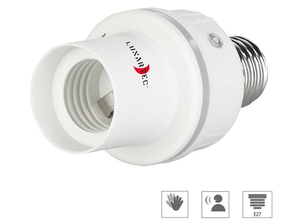 Adaptateur pour douille E27 à visser avec 2 capteurs de bruit et de luminosité, coloris blanc