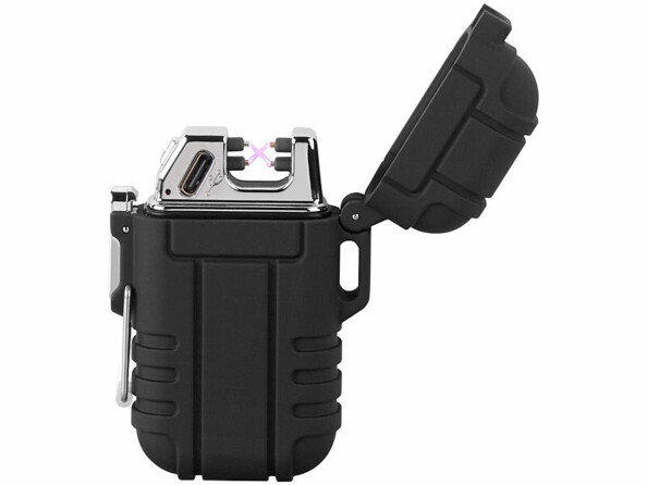 Briquet électronique à double arc avec étui protecteur intégré et arc plasma violet visible sur fond blanc