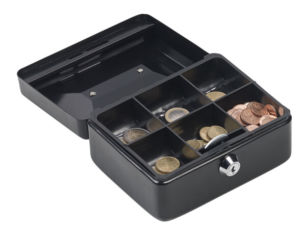 Caisse à monnaie en acier mis en situation avec de la monnaie