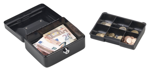 petite caisse a monnaie 15cm pour pieces et billets avec 2 clés de securité avec compatiment pieces amovible