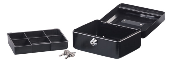 Caisse à monnaie en acier. Avec 2 clés et le support à monnaie