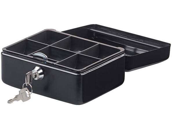 Caisse à monnaie en acier pr&setée ouverte avec vue sur le trieur a monnaie et les clefs