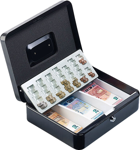 Caisse à monnaie en acier - 30 cm.. Support amovible pour pièces de monnaie