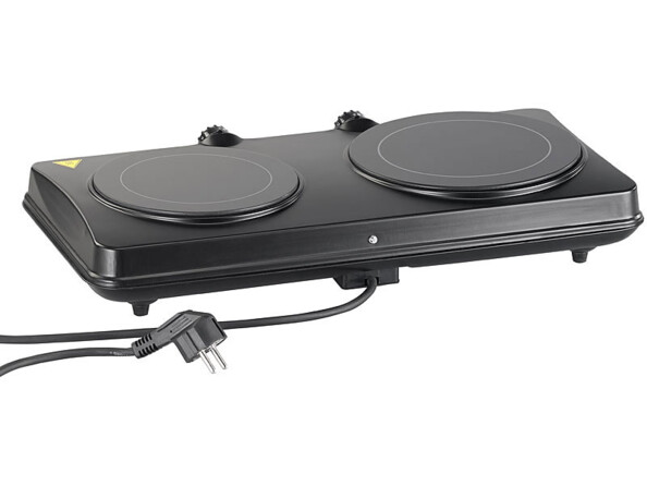 Double plaque de cuisson vitrocéramique noire Rosenstein & Söhne avec câble d'alimentation 230 V, boutons de température et 2 plaques