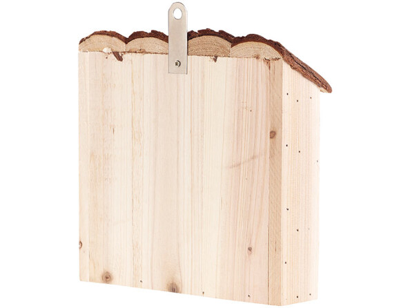 Arrière de la maisonnette pour insectes en bois naturel (cunninghamia lanceolata, bambou, pommes de pin) avec grillage en fil de fer et attache en métal