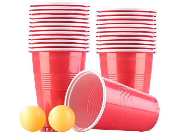 Jeu de Beer Pong avec 8 balles de ping-pong et gobelets en plastique rouges.