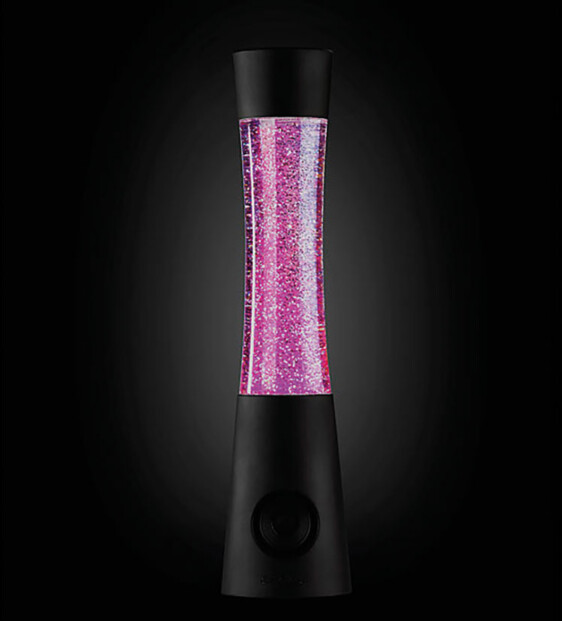 Lampe RVB Lunartec dans le noir avec LED violettes se réfléchissant dans l'eau sur les paillettes argentées