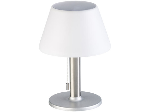 Lampe solaire blanche avec pied de support en acier inoxydable, socle en plastique avec base souple et interrupteur à tirette pour Marche/Arrêt et luminosité réglable selon 3 niveaux : 10 / 50 / 150 lm