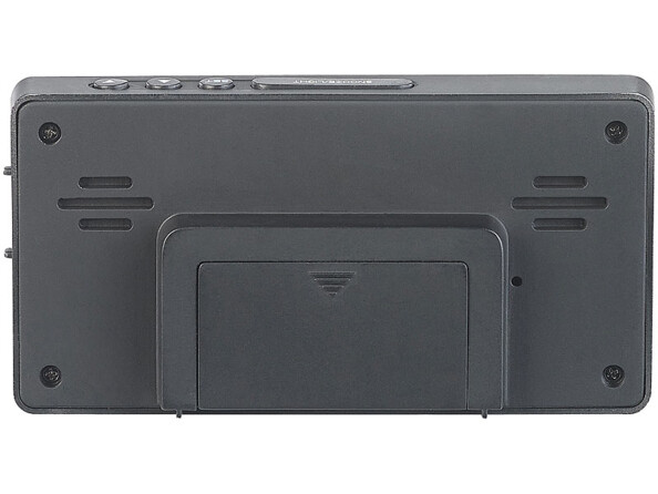 Réveil numérique avec écran bleu XL vu de derrière.