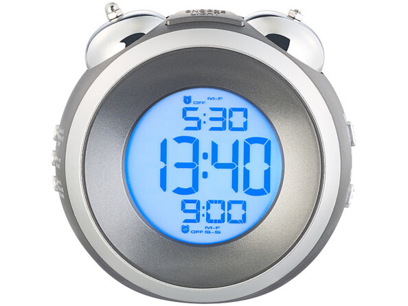 Réveil radio-piloté design rond rétro vu de face.